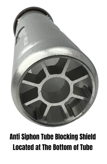 The bottom shield view of a kenworth anti syphon device with text "anti siphon tube blocking shield located at the bottom of the tube"
