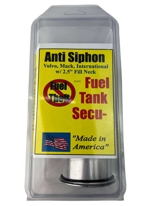 Anti Siphon Device for Fuel Tanks for volvo trucks FTA-25-675 in a clear container marked Anti Siphon Volvo with 2.5" Fill Neck