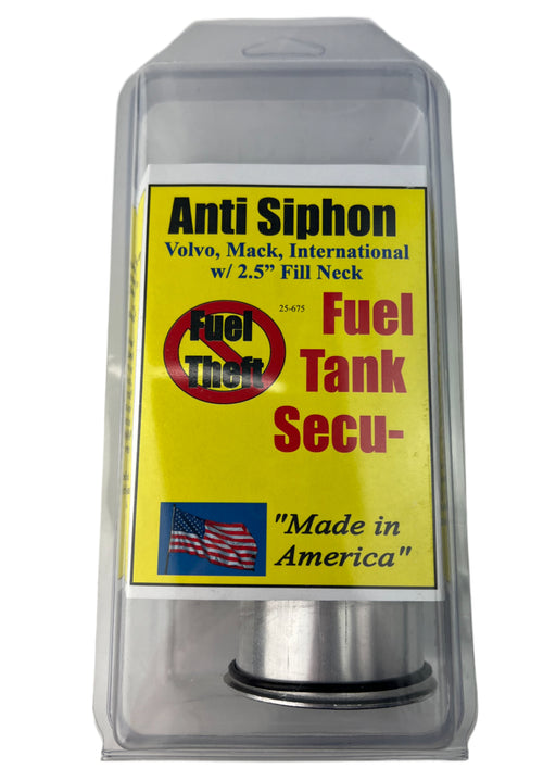 Anti Siphon Device for Fuel Tanks for volvo, mack, and international trucks FTA-25-675 in a clear container marked Anti Siphon Volvo, Mack, International with 2.5" Fill Neck
