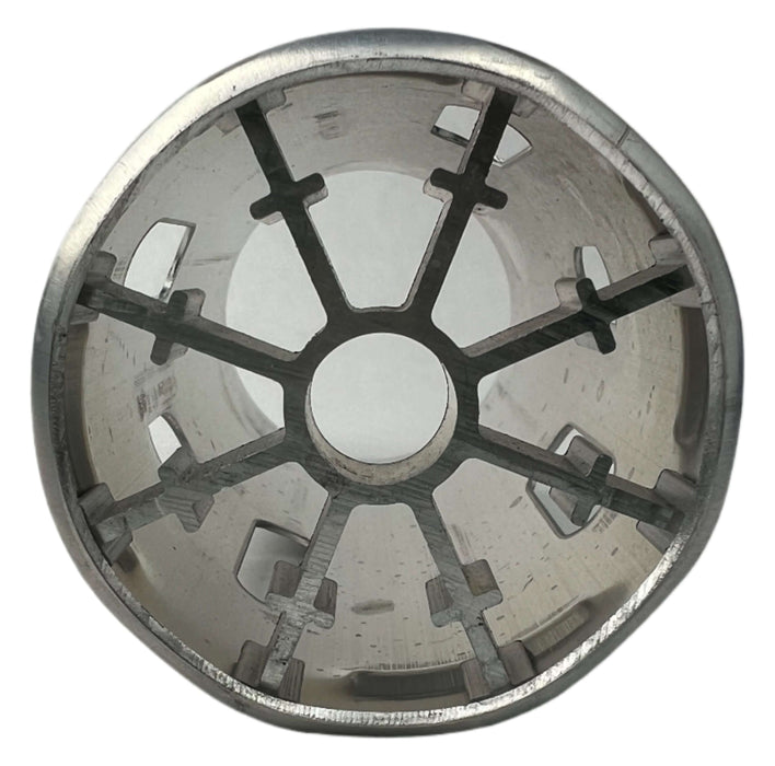 The bottom view of a fuel tank filler neck for semi trucks showing the anti theft shield