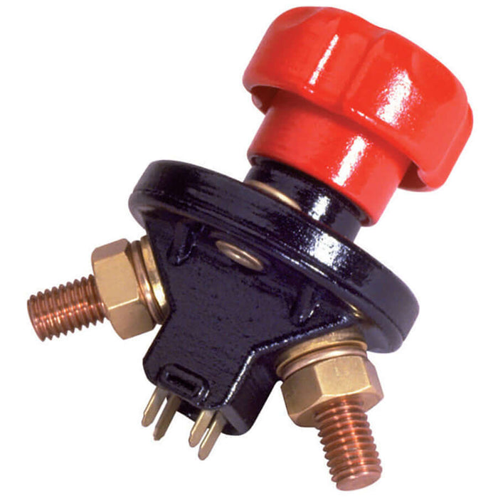 Flaming River's FR1013 alternator kill switch consisting of its red twist knob, black base, and two stud mounting