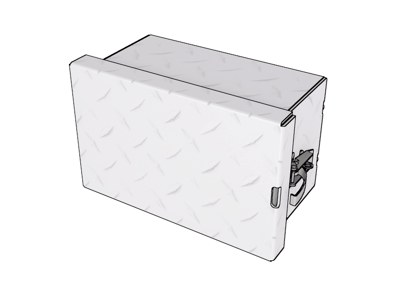 A metal box with a hinged checkered lid in the closed position with the latch unsecured