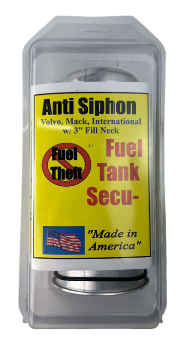 A fuel tank anti siphon device for volvo semi trucks with 3" filler neck in a clear clamshell container marked "Anti-Siphon"