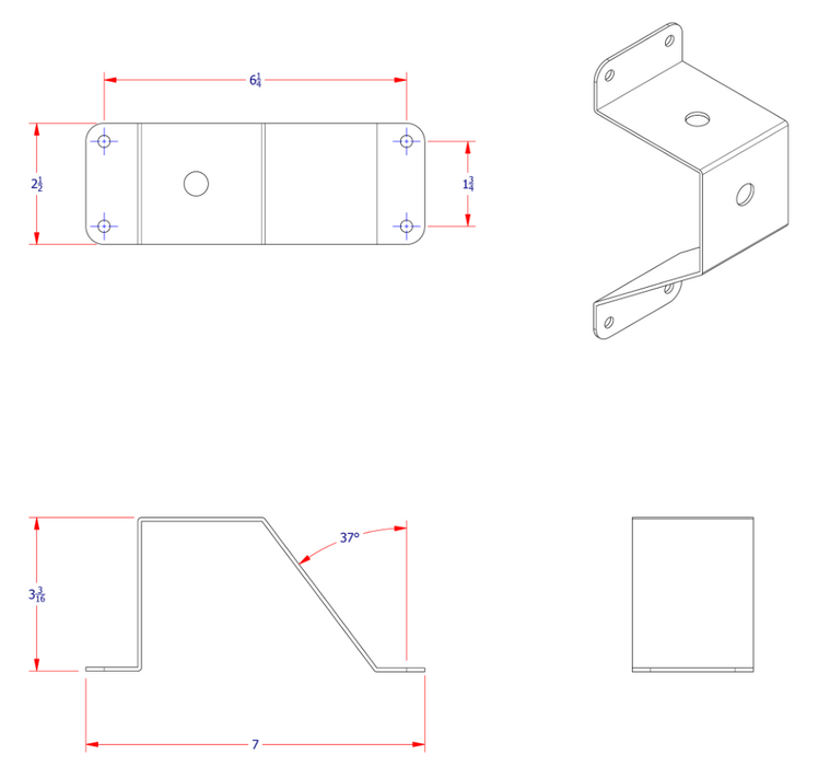 A diagram showing 4 different sides of G411 - A work light mounting bracket