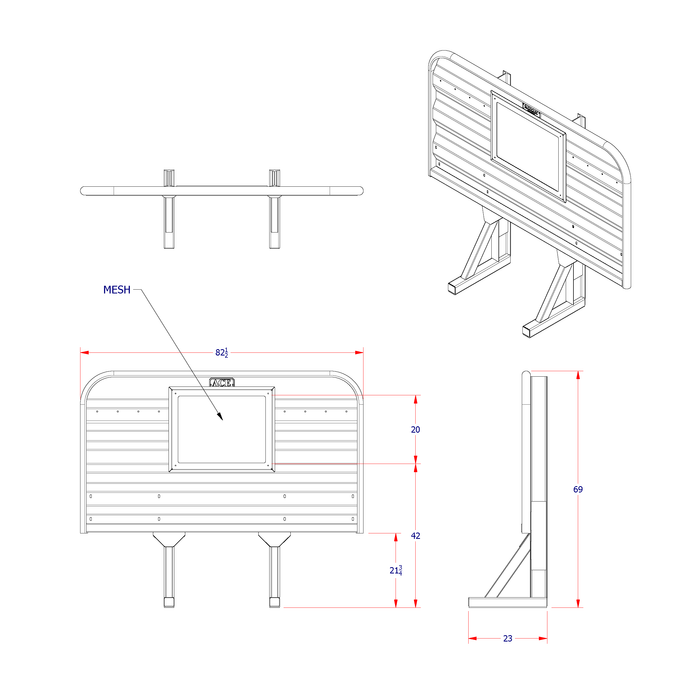 Headache rack for semi truck mesh window with lights dimension diagram Ace Manufacturing HR10006M
