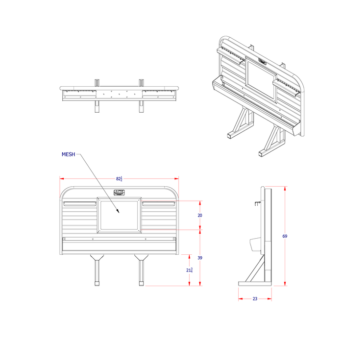 Headache rack for semi truck full width tray and 39 inch mesh window dimension diagram Ace Manufacturing HR11003M