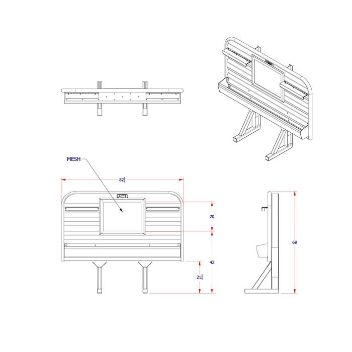 Headache rack for semi truck full width tray and 42 inch mesh window dimension diagram Ace Manufacturing HR11006M