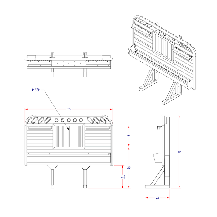 Headache rack for semi truck full width tray 39 inch jailbar window with lights dimension diagram Ace Manufacturing HR11023J