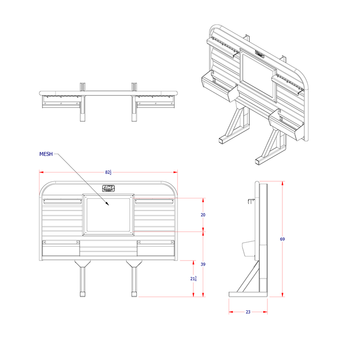 Headache rack for semi truck dual trays 39 inch mesh window dimension diagram Ace Manufacturing HR12003M