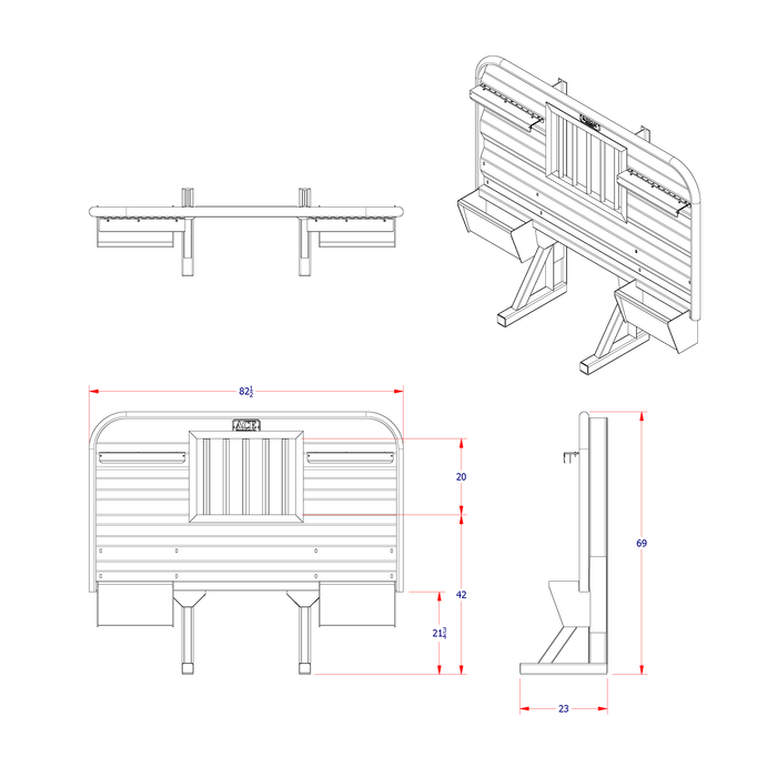 Headache rack for semi truck dual low storage trays 42 inch jailbar window dimension diagram Ace Manufacturing HR15006J