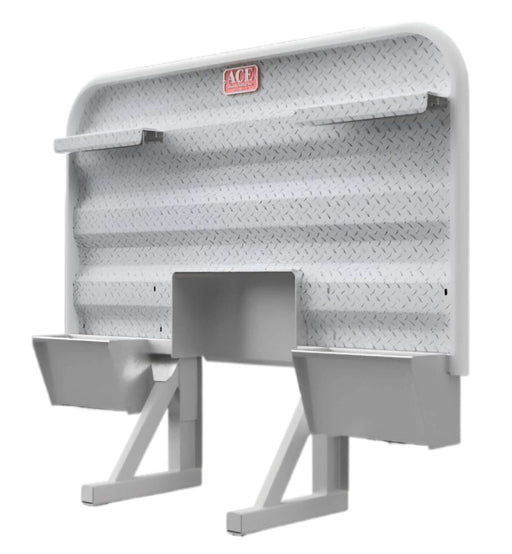 Headache rack for semi truck with dual low storage trays and 60–70 gallon hydraulic tank cutout aluminum Ace Manufacturing HR15M000