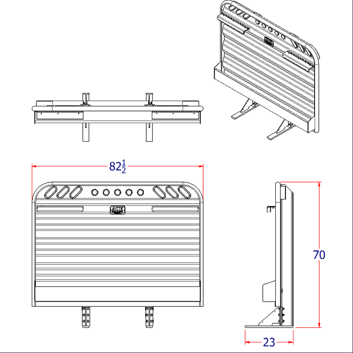Headache rack for semi truck integrated lights full width tray dimension diagram Ace Manufacturing HR210400