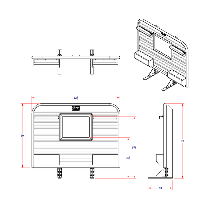 Headache rack for semi truck mesh window dual storage trays dimension diagram Ace Manufacturing HR22002M