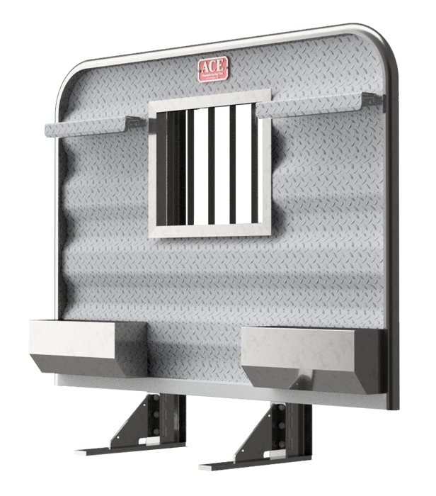Headache rack for semi truck with jailbar window dual storage trays and upper tire chain hangers Ace Manufacturing HR22003J