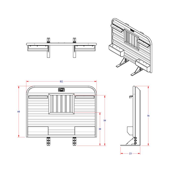 Headache rack for semi truck jailbar window dual storage trays dimension diagram Ace Manufacturing HR22003J