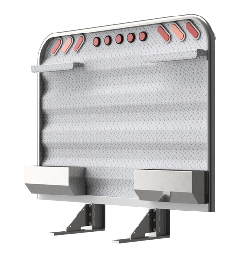 Headache rack for semi truck with dual storage trays upper tire chain hangers and integrated lights Ace Manufacturing HR220200