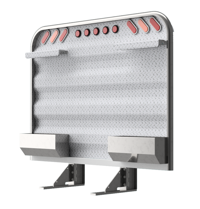 Headache rack for semi truck with dual storage trays upper tire chain hangers and integrated lights Ace Manufacturing HR220200