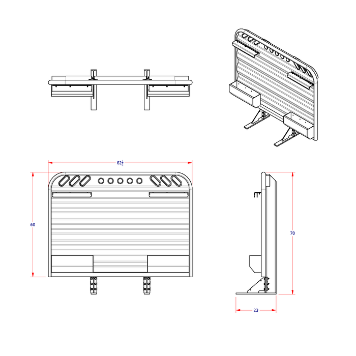 Headache rack for semi truck dual storage trays integrated lights dimension diagram Ace Manufacturing HR220200