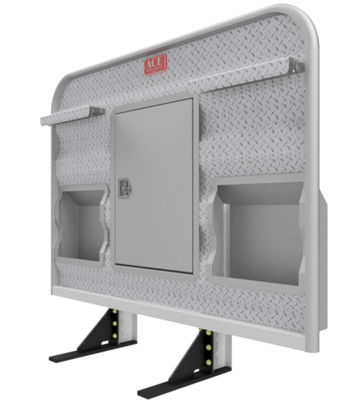 Headache rack for semi truck with lockable storage cabinet and dual side pockets aluminum Ace Manufacturing HR2600SC