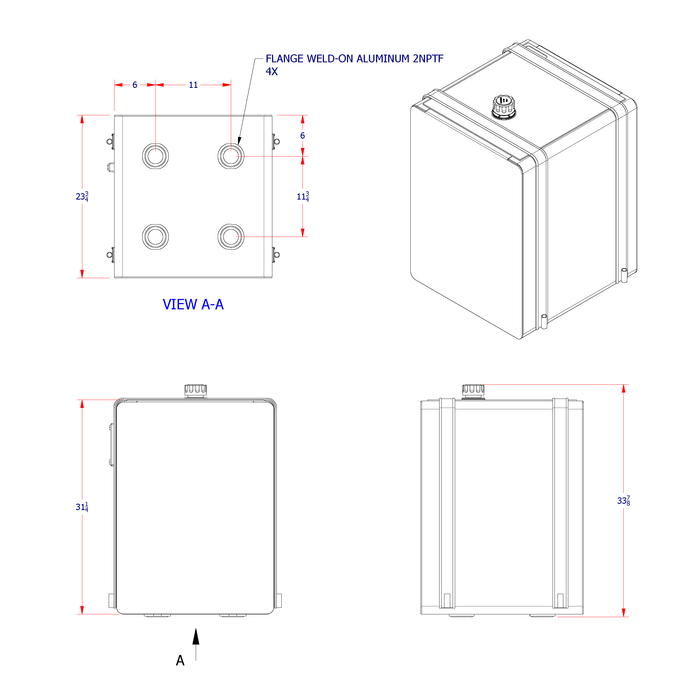 HYD70CP hydraulic tank dimensional drawing with specifications
