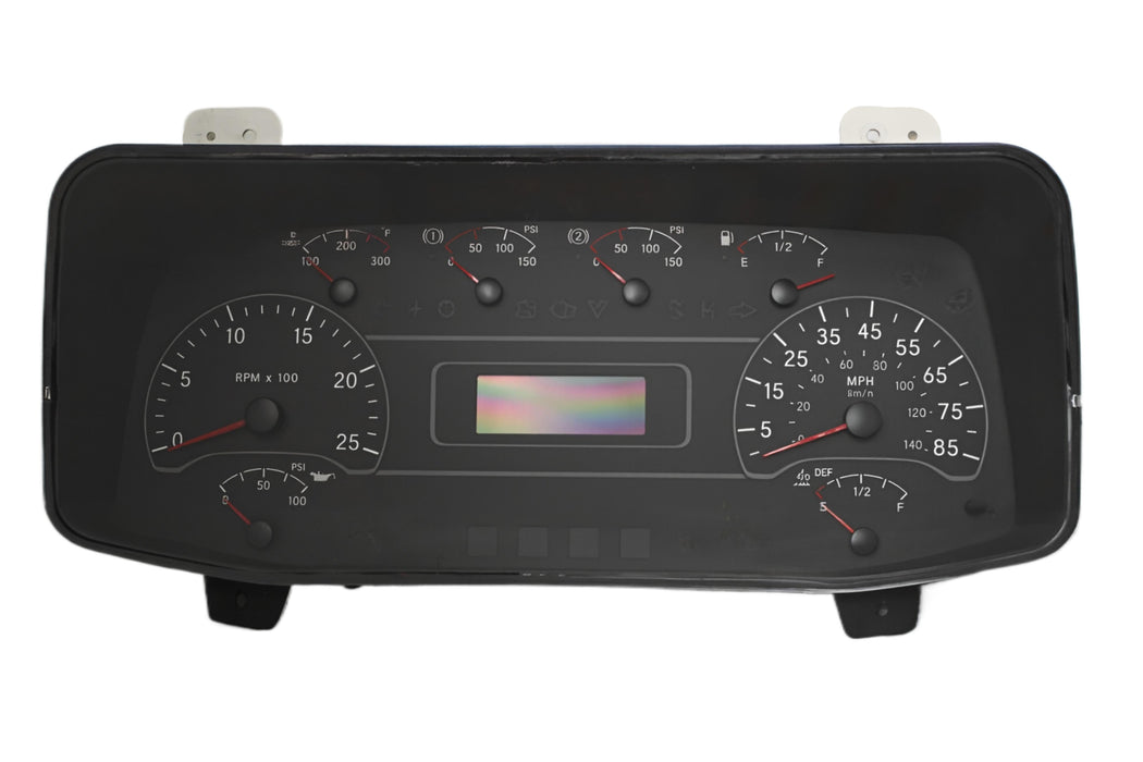 An international dash cluster with a D&D instruments DD60026 replacement shield on it