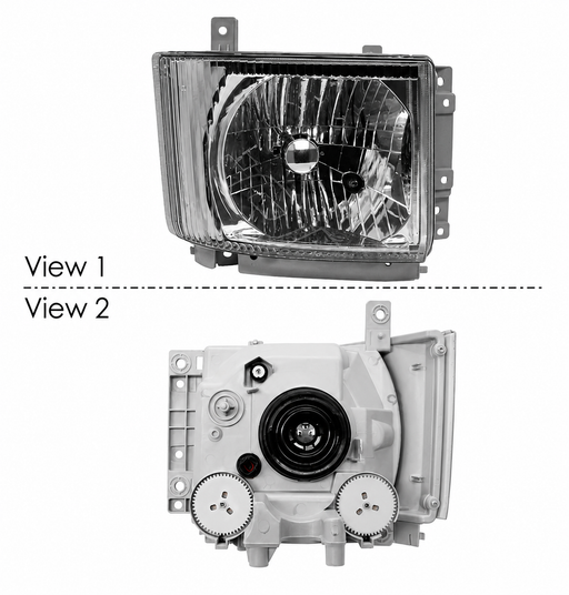 Isuzu NPR Headlight for Passenger Right Hand side shown with a top view showing the front and the bottom view showing the rear of the unit.
