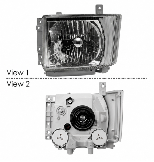 Isuzu NPR Headlight for Drivers Side Left Hand side shown with a top view showing the front and the bottom view showing the rear of the unit.