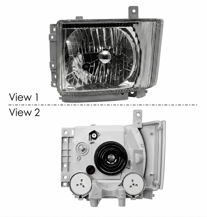 Isuzu NPR Headlight for Drivers Side Left Hand side shown with a top view showing the front and the bottom view showing the rear of the unit.