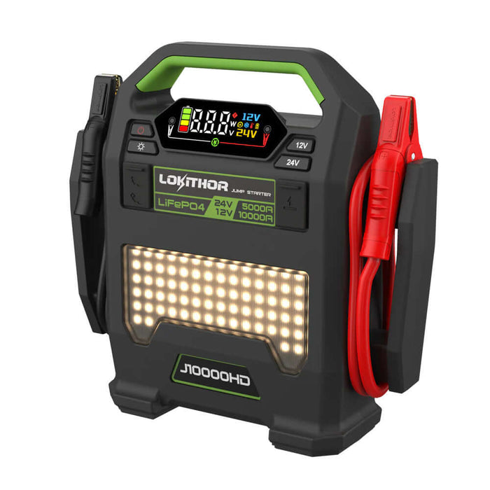 Lokithor semi truck jump starter with black and red cables in holding position with LEDs turned on. On a white background