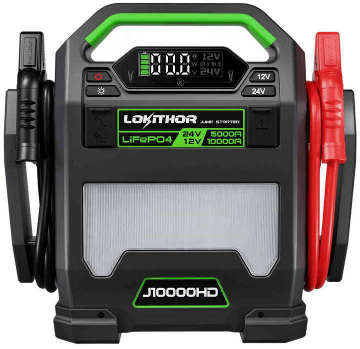 Lokithor semi truck jump start with label " Lokithor Jump Starter LiFePO4 24V 5000A / 12V 10000A