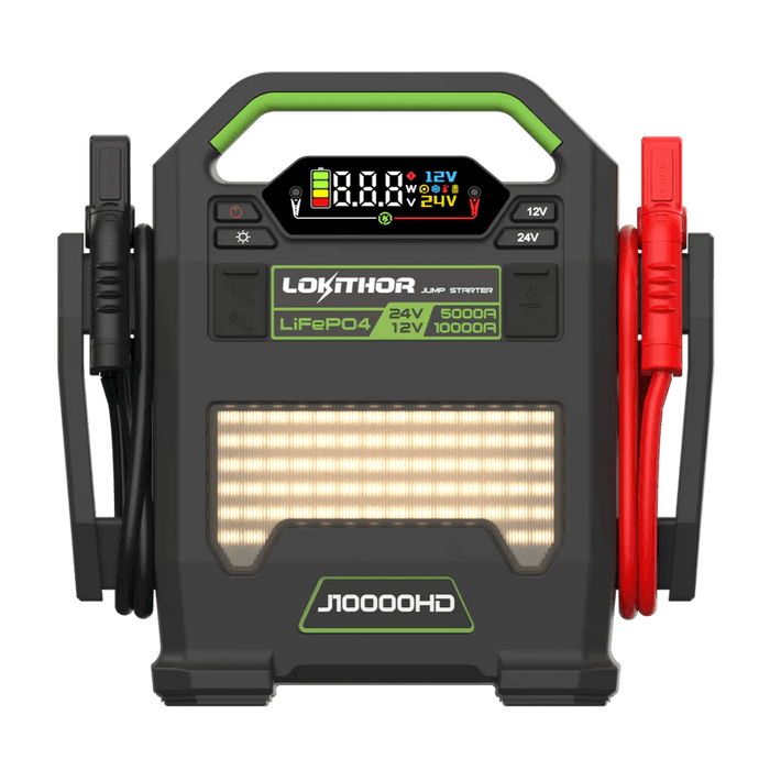 Lokithor junp starter J10000HD with it's LED lights on and a screen display showing all gauges on a white background