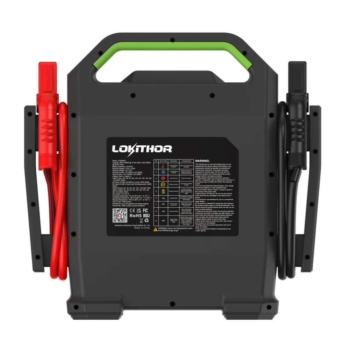 The rear view of Lokithor's J10000HD heavy duty jump starter for semi truck showing the warning label