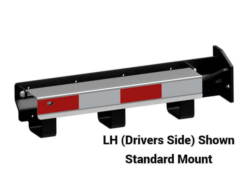 A drivers side black painted steek tire chain hanger mud flap holder combo bracket with the text "LH (Drivers Side) Shown Standard Mount " at the bottom