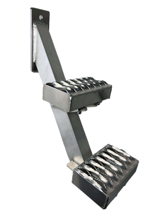 Metal pedestal step with 2 steps 8" wide connected to a 2 bolt bracket