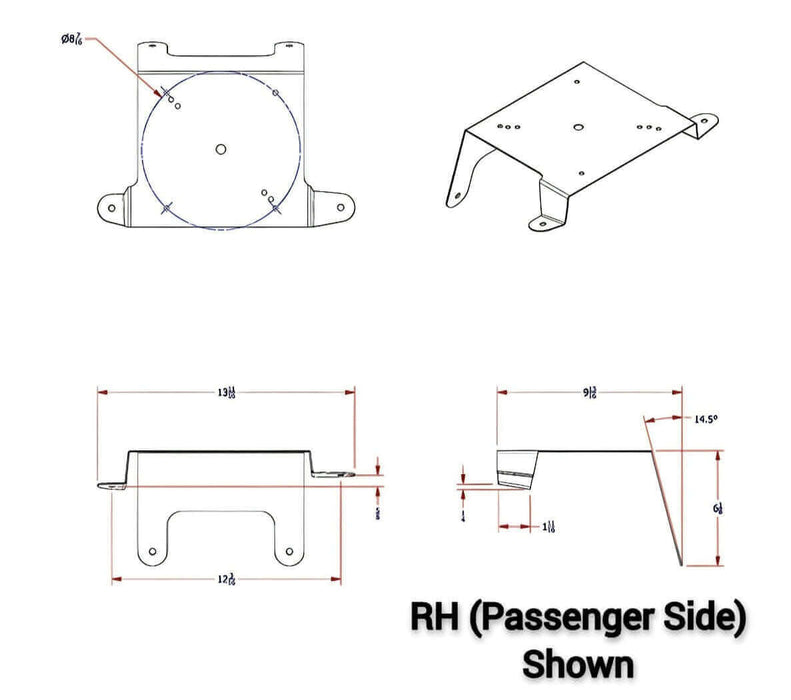 a flat diagram showing the mounting dimensions of a Passenger side kenworth beacon light bracket KW880R