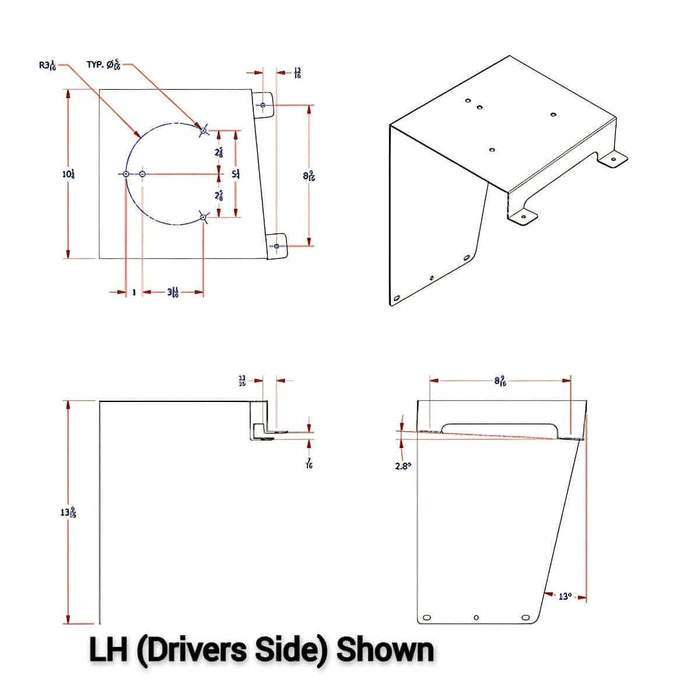 Diagram with dimensions of 4 sides of PB71L Peterbilt Light Mounting Bracket