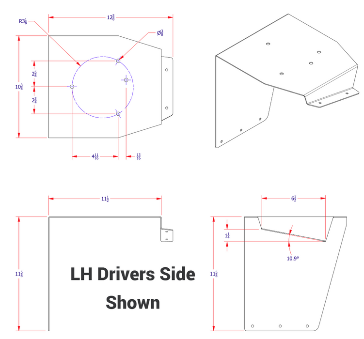 A left hand view of PB579L peterbilt 579 beacon light bracket diagram showing dimensions