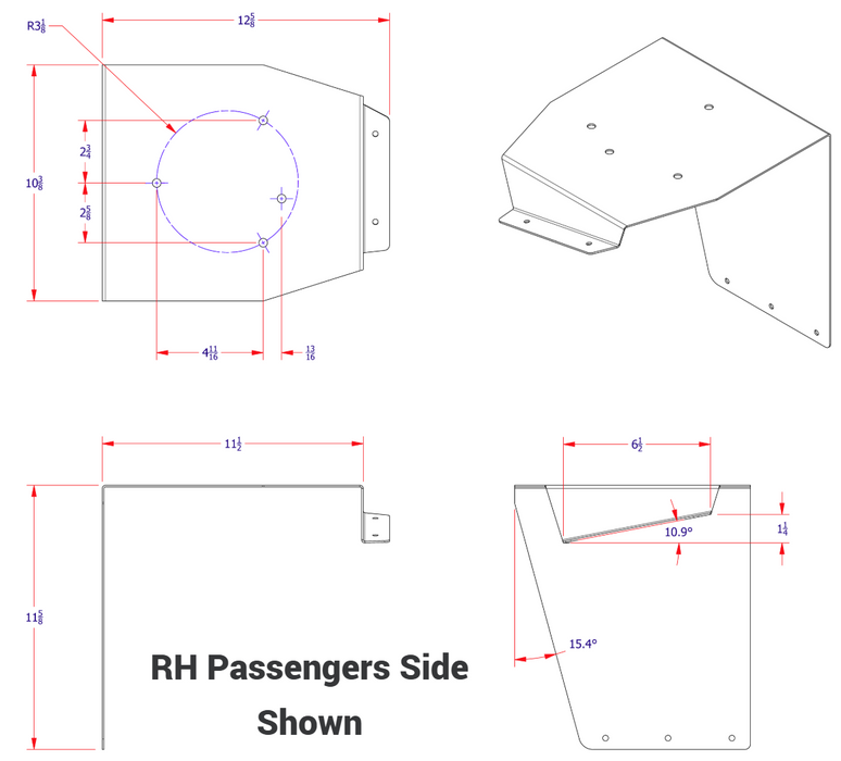 A right hand view of PB579R peterbilt 579 beacon light bracket diagram showing dimensions