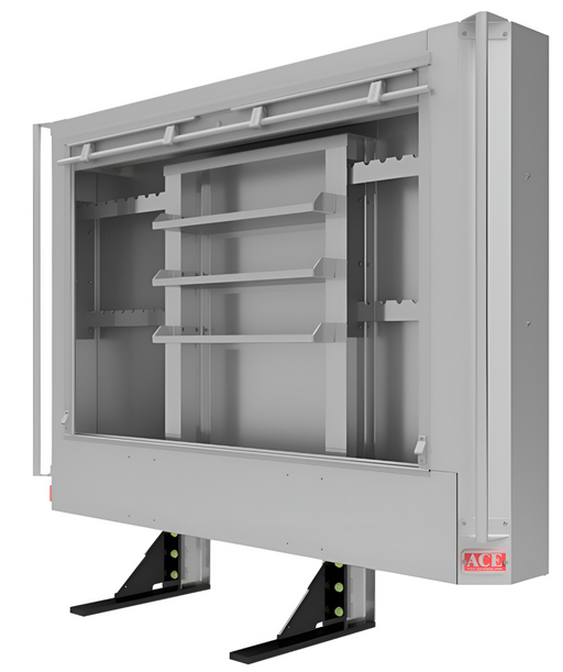 An aluminum roll up door headache rack for semi trucks with the door rolled up showing the shelves and interior