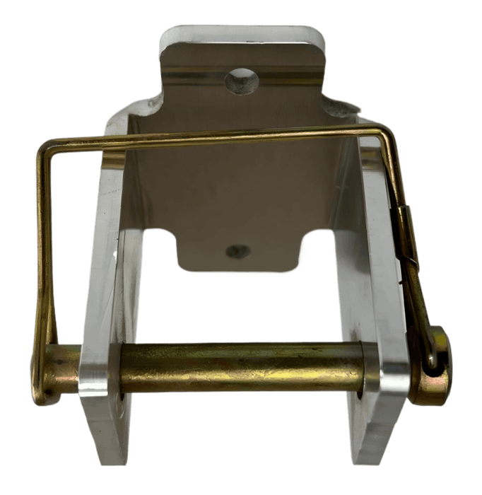Top down view of a shovel holder for dump truck made of stainless steel with a locking pin 