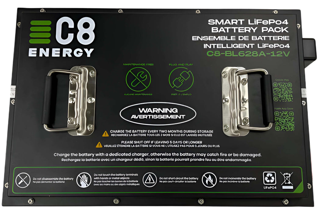 C8 Energy Smart LiFePo4 Battery Pack with warning labels on a white background 