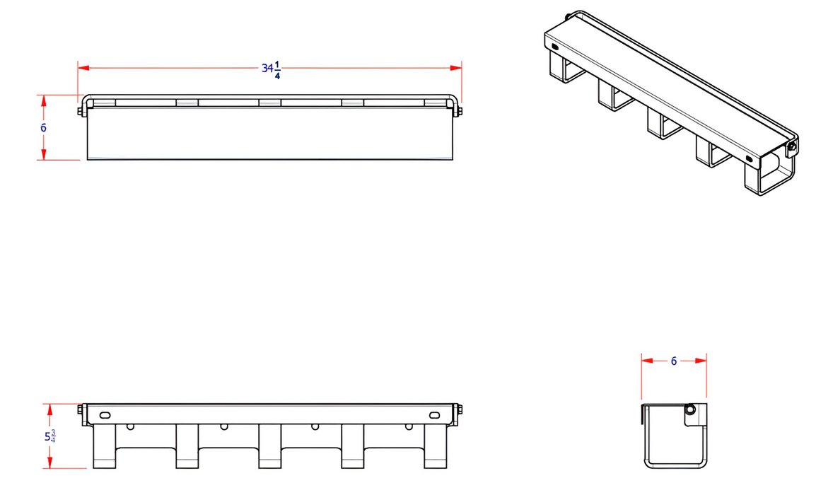 A diagram of TCH326 showing the length, width, and height of the REAR 5 Hook Tire Chain Hanger, galv. w/ lockable lid, 34" long