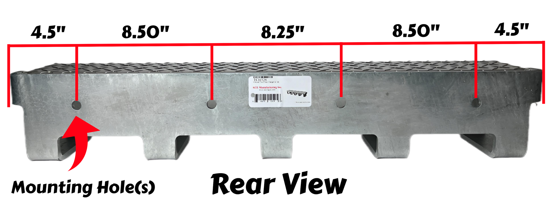 The rear view diagram of TCH326 universal tire chain hanger showing the mounting holes and the center hole to center hole measurements