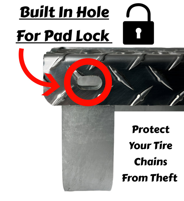 A close view of TCH 326 Rear mounting tire chain hanger with the text "Built in hole with pad lock" and "Protect you tire chains from theft"