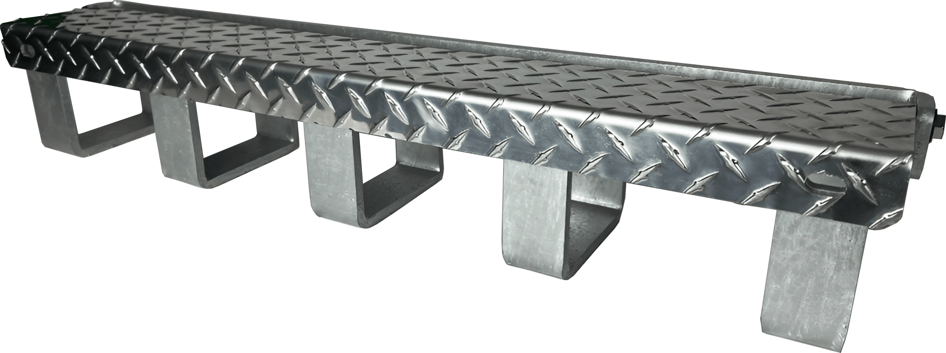 A angled view of a tire chain hanger with 5 hooks and a lockable diamond plate lid