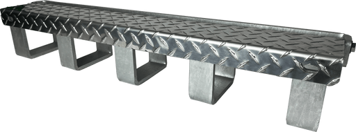 A angled view of a tire chain hanger with 5 hooks and a lockable diamond plate lid