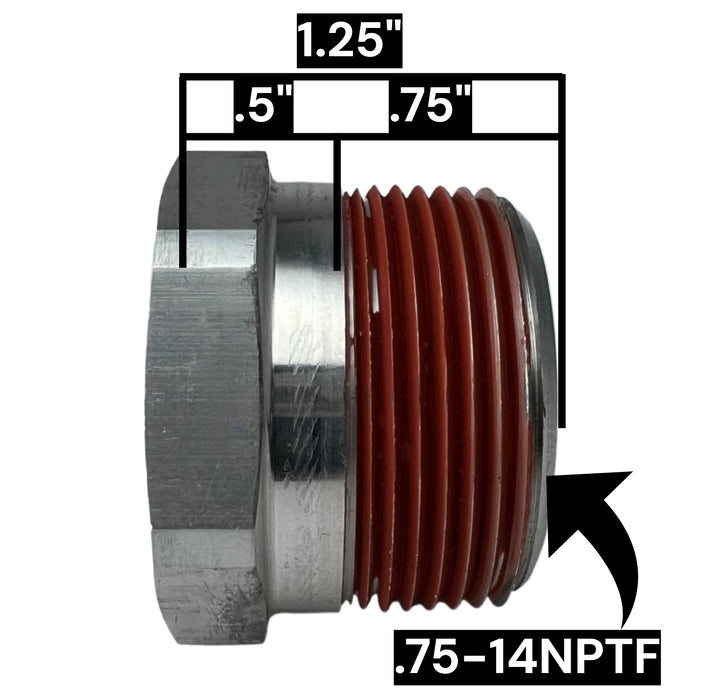 A diagram of a thermal relief plug showing the dimensions of length of 1.25" and a thread pitch of .75-14NPTF