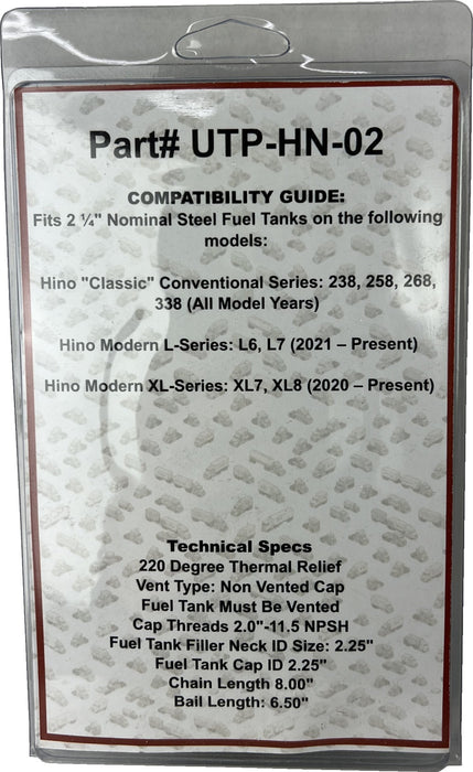 Compatibility guide for Hino fuel tanks on a metallic background under  part number UTP-HN-02