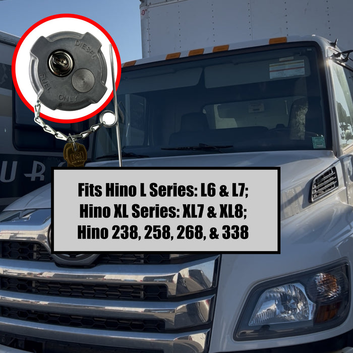 Hino truck with a close-up of a fuel cap with text marking fuel cap hino truck models compatibility 