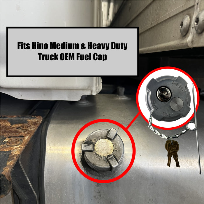 Fuel cap for Hino medium and heavy-duty trucks with a old hino cap and a new hino fuel cap